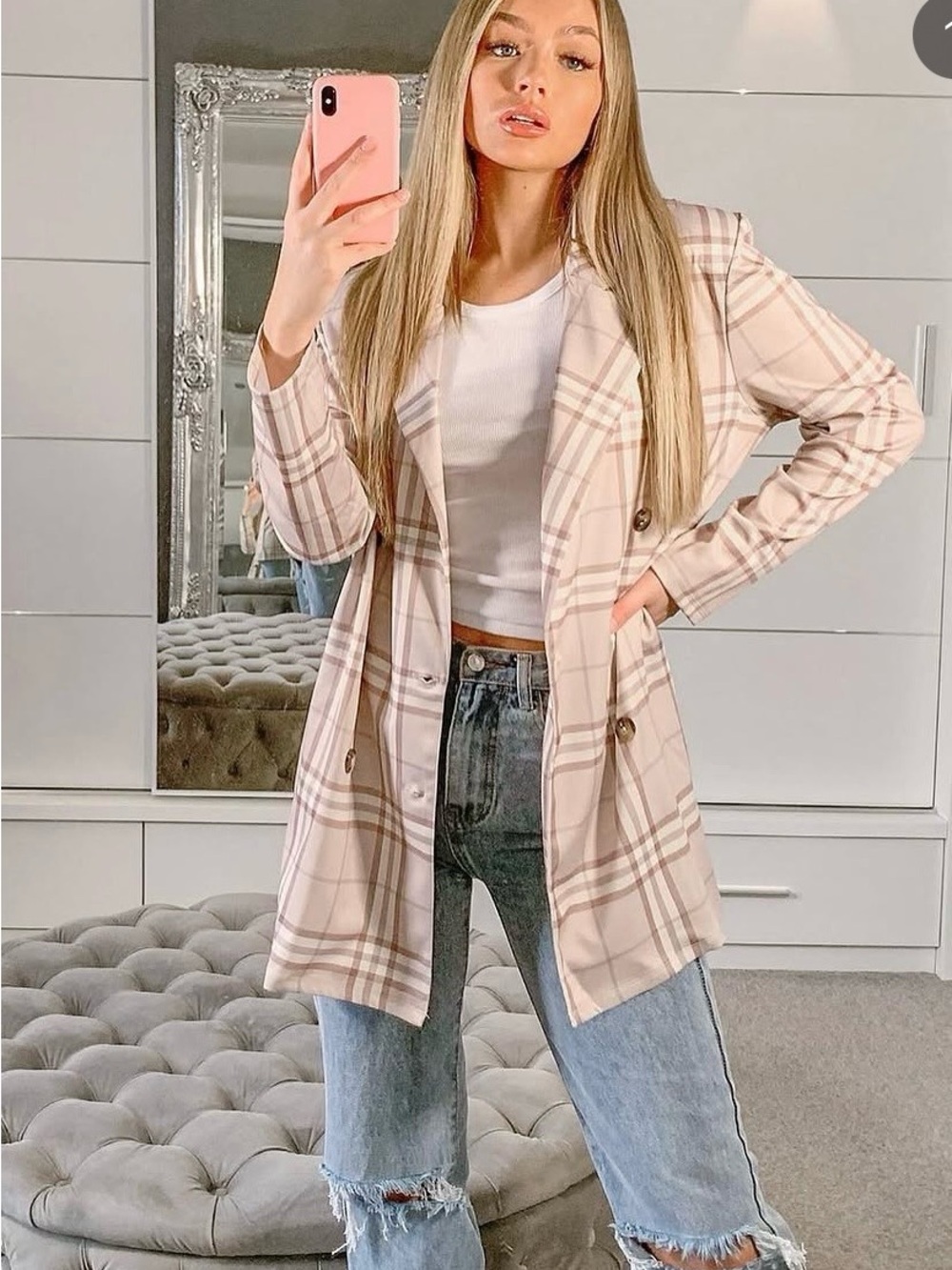 ASOS Pink Plaid Double-Breasted Blazer
